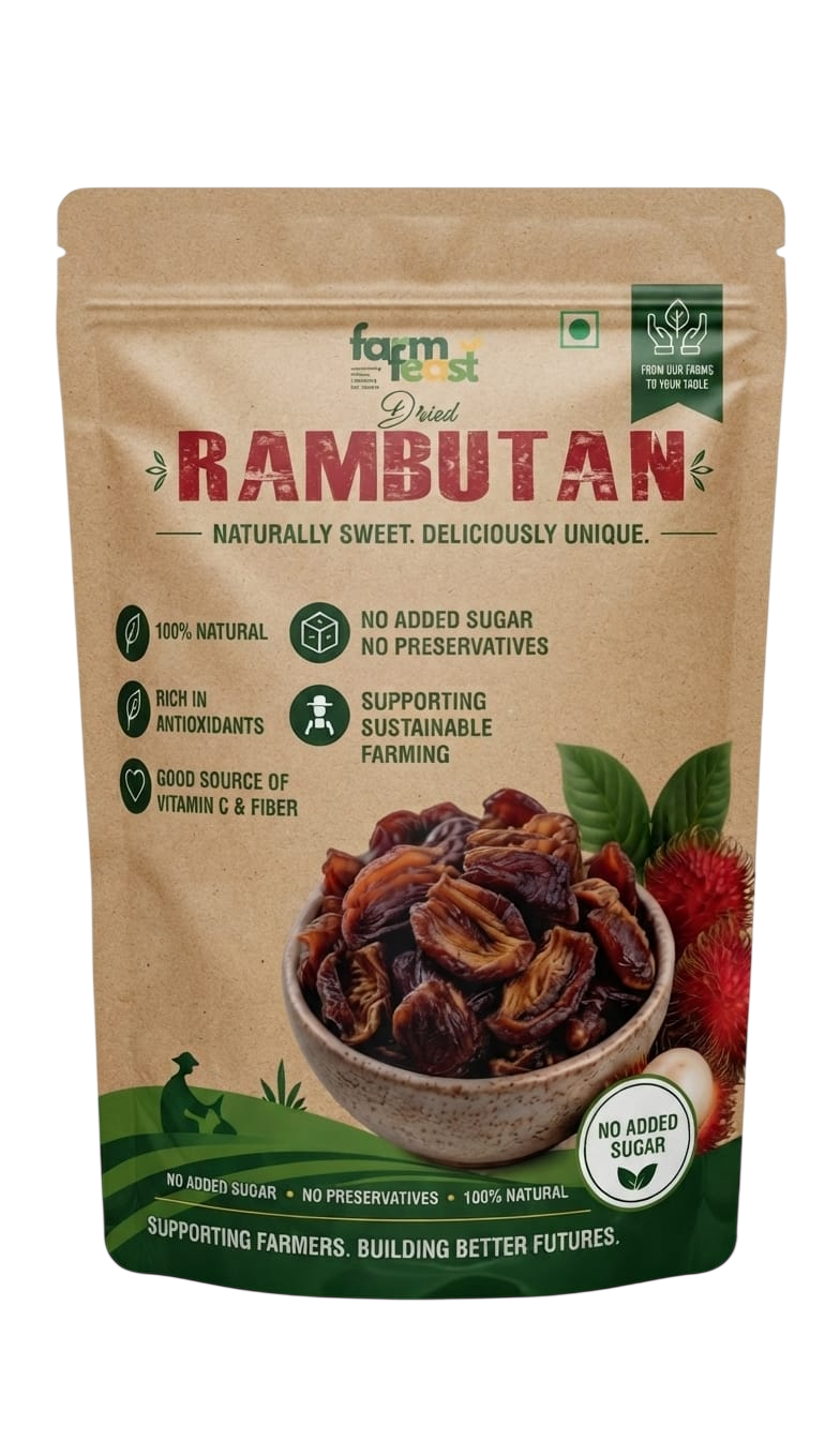 FarmFeast dried rambutan available in 100g, 250g, 500g and 1kg pouches