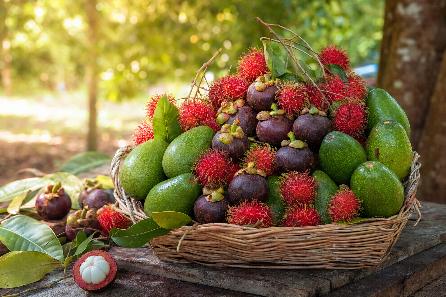 Woven basket full of freshly harvested tropical fruit